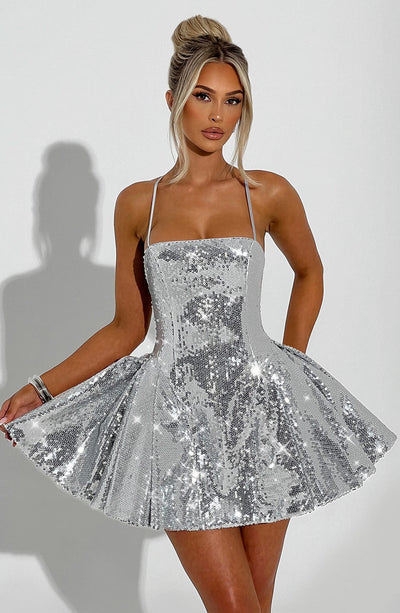 Women’s Mini Dress - Sequin Embellished - Spaghetti Straps - A-Line Party Fit