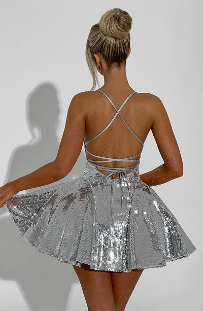Women’s Mini Dress - Sequin Embellished - Spaghetti Straps - A-Line Party Fit