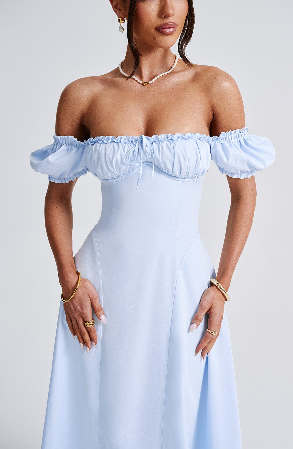 Women’s Midi Dress - Off Shoulder - Ruched Bodice - Puff Sleeves - A-Line Elegant Fit