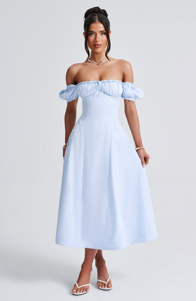 Women’s Midi Dress - Off Shoulder - Ruched Bodice - Puff Sleeves - A-Line Elegant Fit