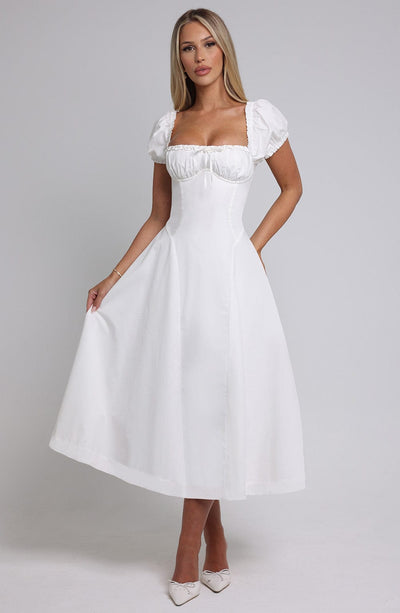Women’s Midi Dress - Off Shoulder - Ruched Bodice - Puff Sleeves - A-Line Elegant Fit