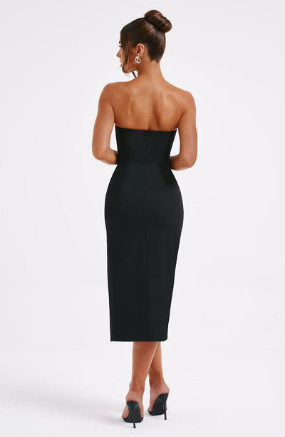 Women’s Midi Dress - Strapless Bodycon Fit - Thigh Slit - Elegant Evening Wear