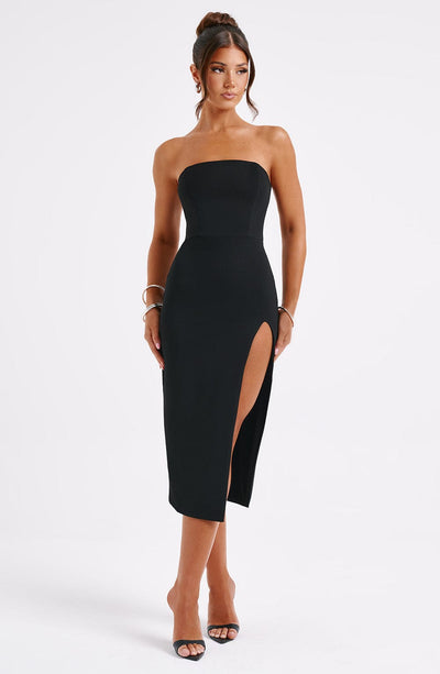 Women’s Midi Dress - Strapless Bodycon Fit - Thigh Slit - Elegant Evening Wear