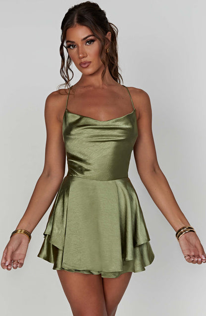 Women’s Mini Dress - Satin Cowl Neck - Spaghetti Straps - Flared Layered Hem