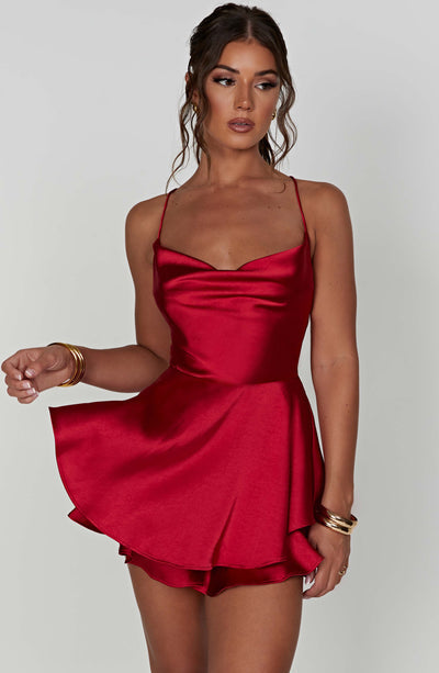 Women’s Mini Dress - Satin Cowl Neck - Spaghetti Straps - Flared Layered Hem