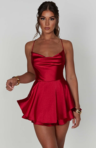 Women’s Mini Dress - Satin Cowl Neck - Spaghetti Straps - Flared Layered Hem