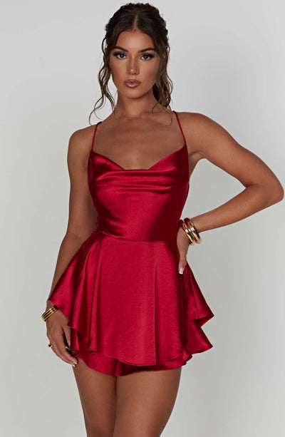 Women’s Mini Dress - Satin Cowl Neck - Spaghetti Straps - Flared Layered Hem
