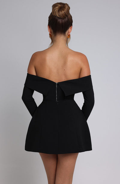 Women’s Off-Shoulder Mini Dress - Fitted Bodice - Flared Skirt - Long Sleeve Cocktail