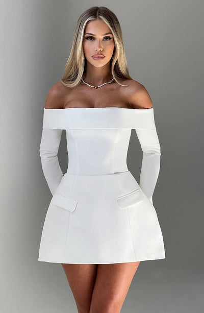 Women’s Off-Shoulder Mini Dress - Fitted Bodice - Flared Skirt - Long Sleeve Cocktail