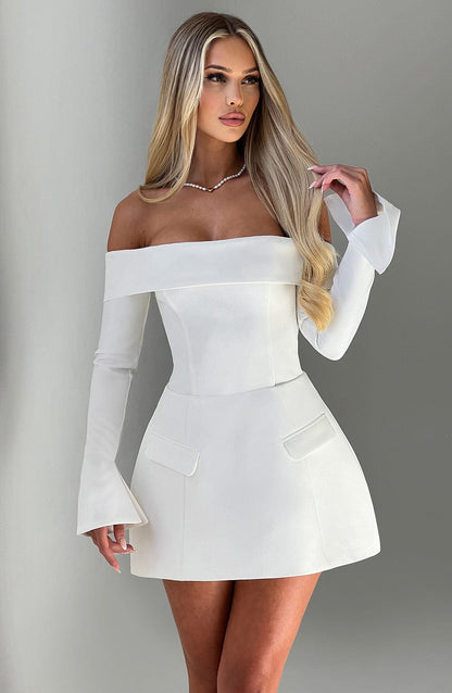 Women’s Off-Shoulder Mini Dress - Fitted Bodice - Flared Skirt - Long Sleeve Cocktail