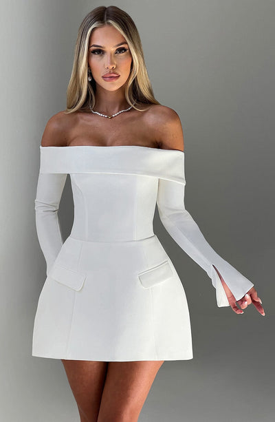 Women’s Off-Shoulder Mini Dress - Fitted Bodice - Flared Skirt - Long Sleeve Cocktail