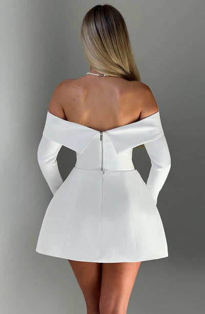 Women’s Off-Shoulder Mini Dress - Fitted Bodice - Flared Skirt - Long Sleeve Cocktail