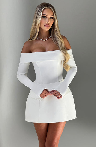 Women’s Off-Shoulder Mini Dress - Fitted Bodice - Flared Skirt - Long Sleeve Cocktail