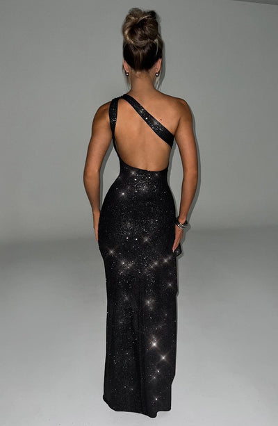 Women’s Evening Gown – One Shoulder – High Slit – Metallic Finish – Form Fitting Fit