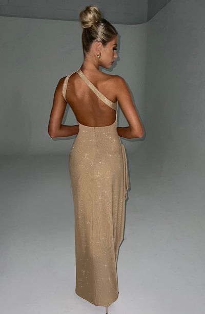 Women’s Evening Gown – One Shoulder – High Slit – Metallic Finish – Form Fitting Fit