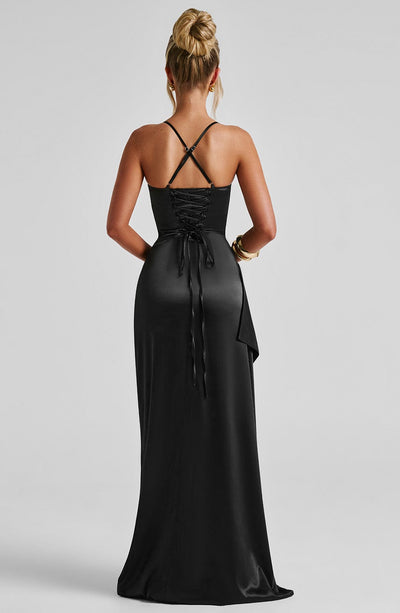 Women’s Evening Dress - Satin Finish - Sweetheart Neckline - Spaghetti Straps - High Slit