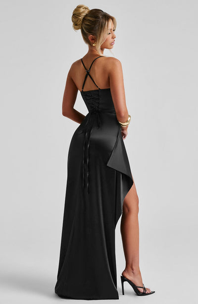 Women’s Evening Dress - Satin Finish - Sweetheart Neckline - Spaghetti Straps - High Slit