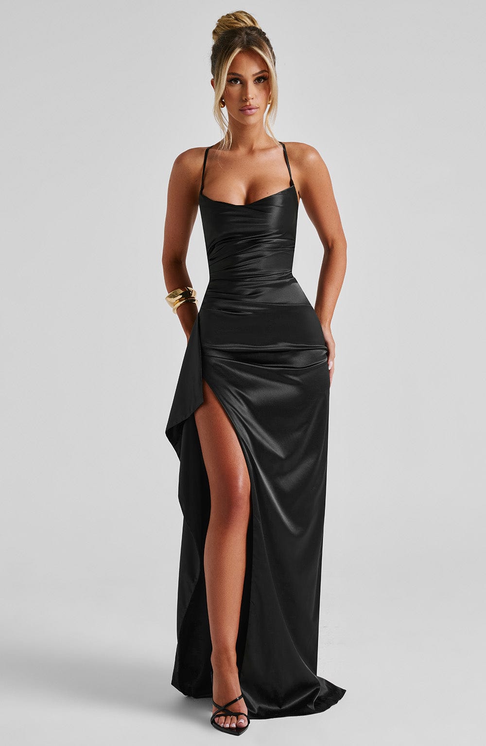 Women’s Evening Dress - Satin Finish - Sweetheart Neckline - Spaghetti Straps - High Slit