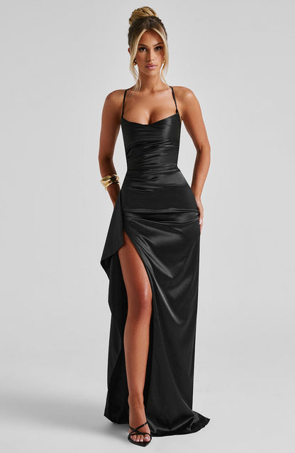 Women’s Evening Dress - Satin Finish - Sweetheart Neckline - Spaghetti Straps - High Slit
