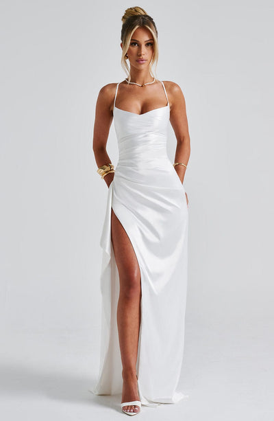 Women’s Evening Dress - Satin Finish - Sweetheart Neckline - Spaghetti Straps - High Slit
