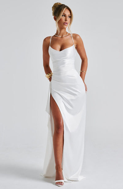 Women’s Evening Dress - Satin Finish - Sweetheart Neckline - Spaghetti Straps - High Slit