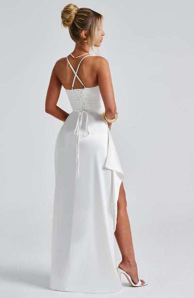 Women’s Evening Dress - Satin Finish - Sweetheart Neckline - Spaghetti Straps - High Slit
