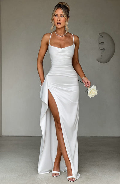 Women’s Evening Dress - Satin Finish - Sweetheart Neckline - Spaghetti Straps - High Slit