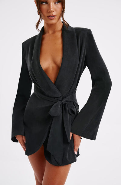 Women’s Blazer Dress – Tailored Fit – Notched Lapels – Wrap Front – Long Sleeve Mini