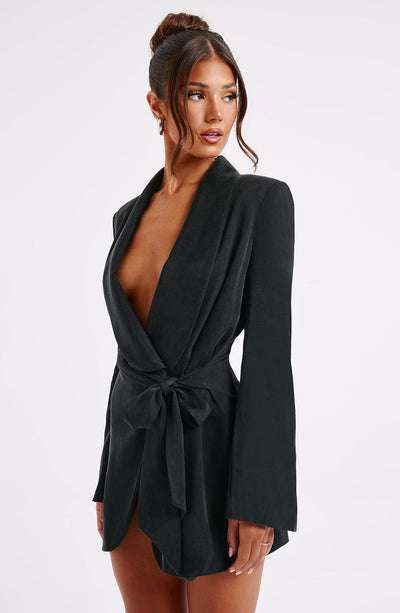 Women’s Blazer Dress – Tailored Fit – Notched Lapels – Wrap Front – Long Sleeve Mini