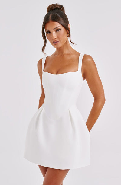 Women’s Mini Dress - Fitted Bodice - A-Line Silhouette - Square Neck - Flared Skirt