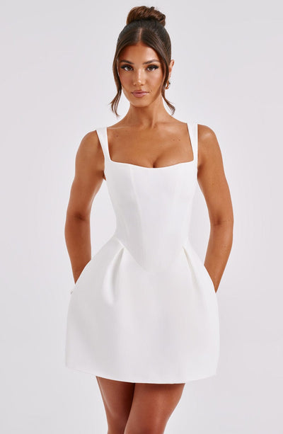 Women’s Mini Dress - Fitted Bodice - A-Line Silhouette - Square Neck - Flared Skirt