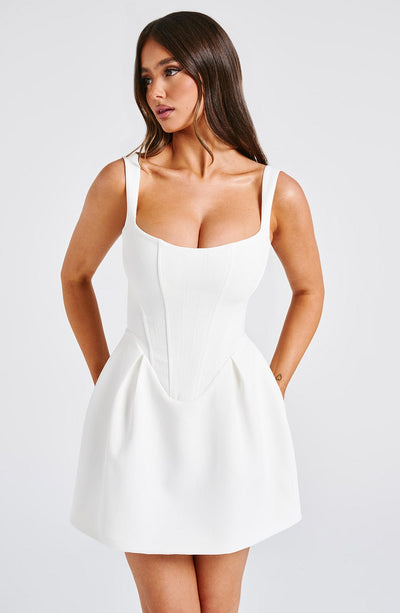 Women’s Mini Dress - Fitted Bodice - A-Line Silhouette - Square Neck - Flared Skirt