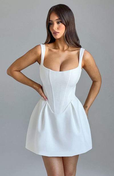 Women’s Mini Dress - Fitted Bodice - A-Line Silhouette - Square Neck - Flared Skirt