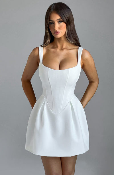 Women’s Mini Dress - Fitted Bodice - A-Line Silhouette - Square Neck - Flared Skirt