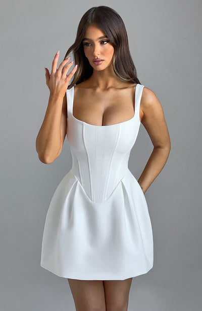 Women’s Mini Dress - Fitted Bodice - A-Line Silhouette - Square Neck - Flared Skirt