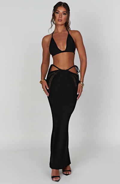Women's Two-Piece Maxi Dress - Crochet Knit - Halter Top - High Waist Skirt with Cut-Outs