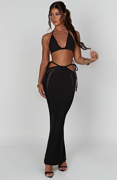 Women's Two-Piece Maxi Dress - Crochet Knit - Halter Top - High Waist Skirt with Cut-Outs