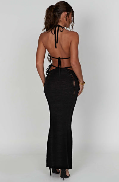 Women's Two-Piece Maxi Dress - Crochet Knit - Halter Top - High Waist Skirt with Cut-Outs