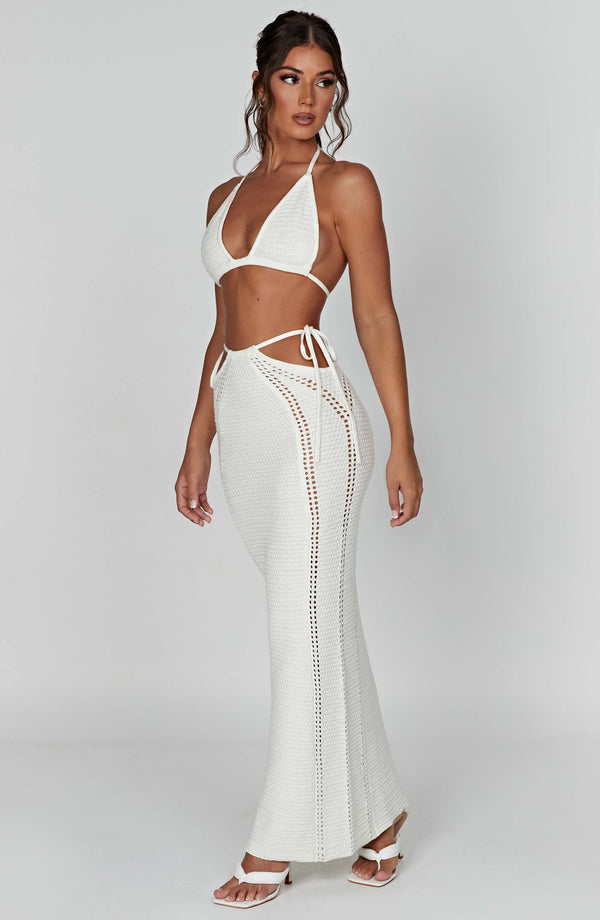 Women's Two-Piece Maxi Dress - Crochet Knit - Halter Top - High Waist Skirt with Cut-Outs
