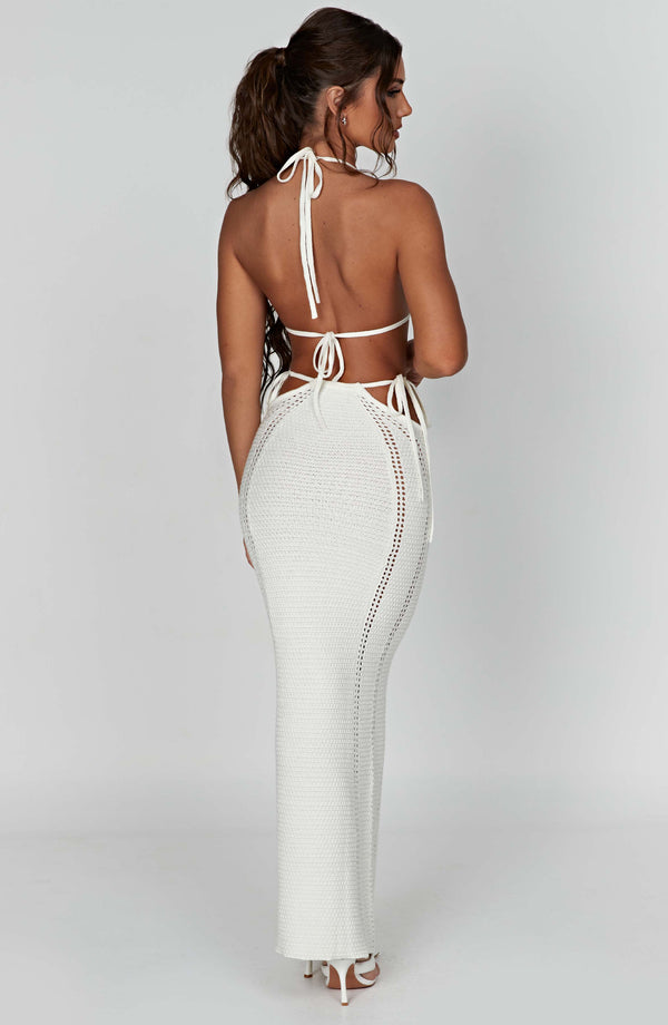 Women's Two-Piece Maxi Dress - Crochet Knit - Halter Top - High Waist Skirt with Cut-Outs