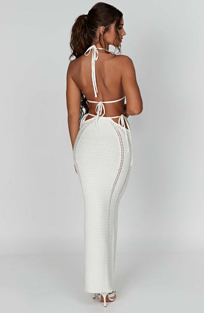 Women's Two-Piece Maxi Dress - Crochet Knit - Halter Top - High Waist Skirt with Cut-Outs