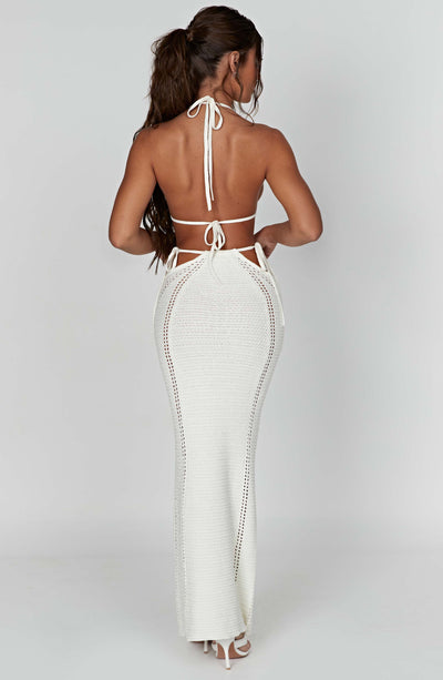 Women's Two-Piece Maxi Dress - Crochet Knit - Halter Top - High Waist Skirt with Cut-Outs
