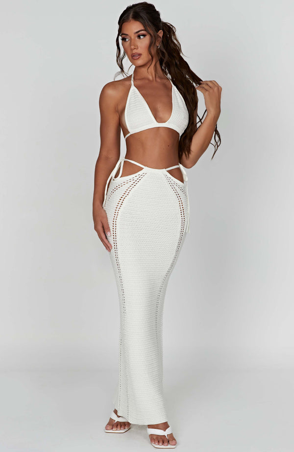 Women's Two-Piece Maxi Dress - Crochet Knit - Halter Top - High Waist Skirt with Cut-Outs