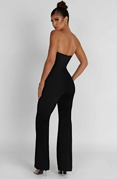 Women’s Jumpsuit – Strapless Plunging Neckline – Tailored Waist – Wide-Leg Elegant Fit