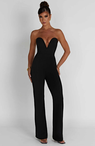 Women’s Jumpsuit – Strapless Plunging Neckline – Tailored Waist – Wide-Leg Elegant Fit
