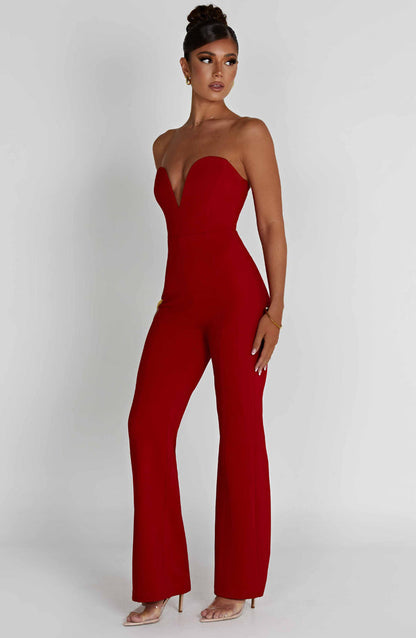 Women’s Strapless Jumpsuit - Sweetheart Neckline - Wide Leg - Elegant Fit