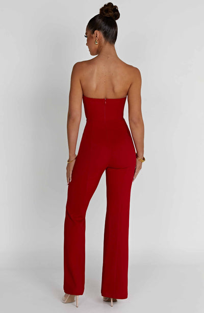 Women’s Jumpsuit – Strapless Plunging Neckline – Tailored Waist – Wide-Leg Elegant Fit
