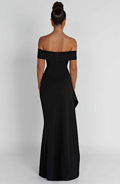 Women’s Evening Gown - Off-Shoulder - Ruched Bodice - High Slit - Asymmetrical Hem