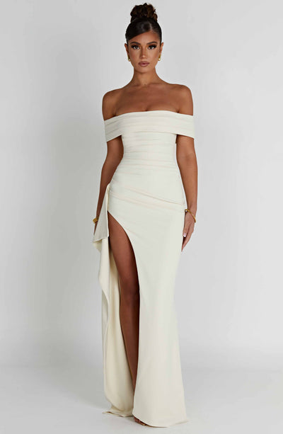 Women’s Evening Gown - Off-Shoulder - Ruched Bodice - High Slit - Asymmetrical Hem