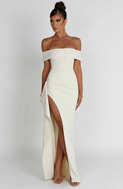 Women’s Evening Gown - Off-Shoulder - Ruched Bodice - High Slit - Asymmetrical Hem
